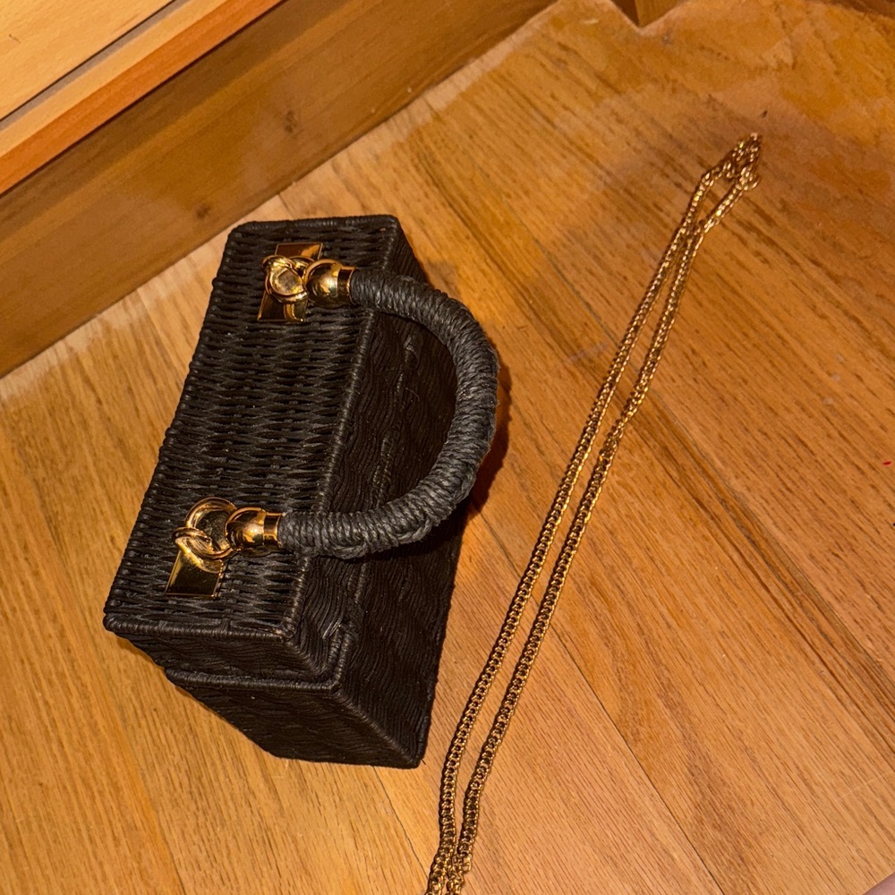 Zara Black Raffia Handbag with Gold Accents and chain - Picture 6 of 6